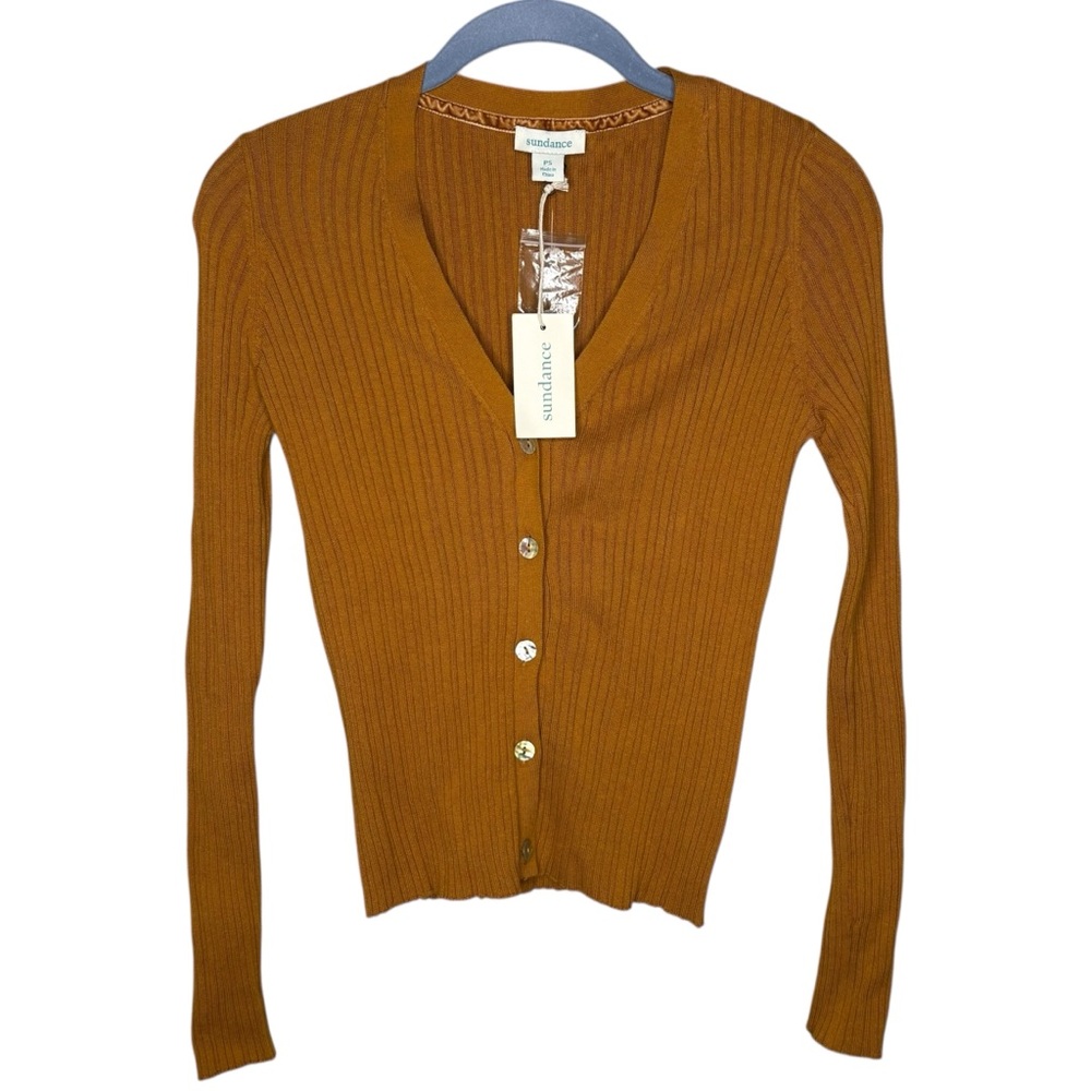 Sundance Cardigan sweater NWT fit ribbed knit gold brown organic petite Small
